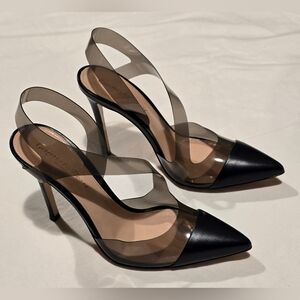 Gianvito Rossi Leather Black/Fume Cut-Out Pointed Pumps Clear Fume Strap Size 35